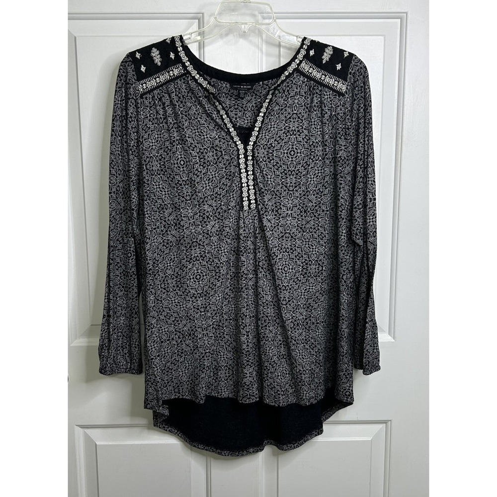 Lucky Brand Blouse Womens 2X Boho Black White Embroidered Peasant V Neck